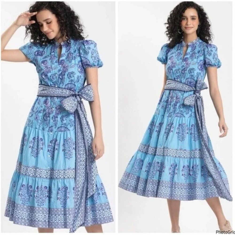 Celina Moon Gabi Midi Dress Belted Floral 100% Cotton New Size SMALL